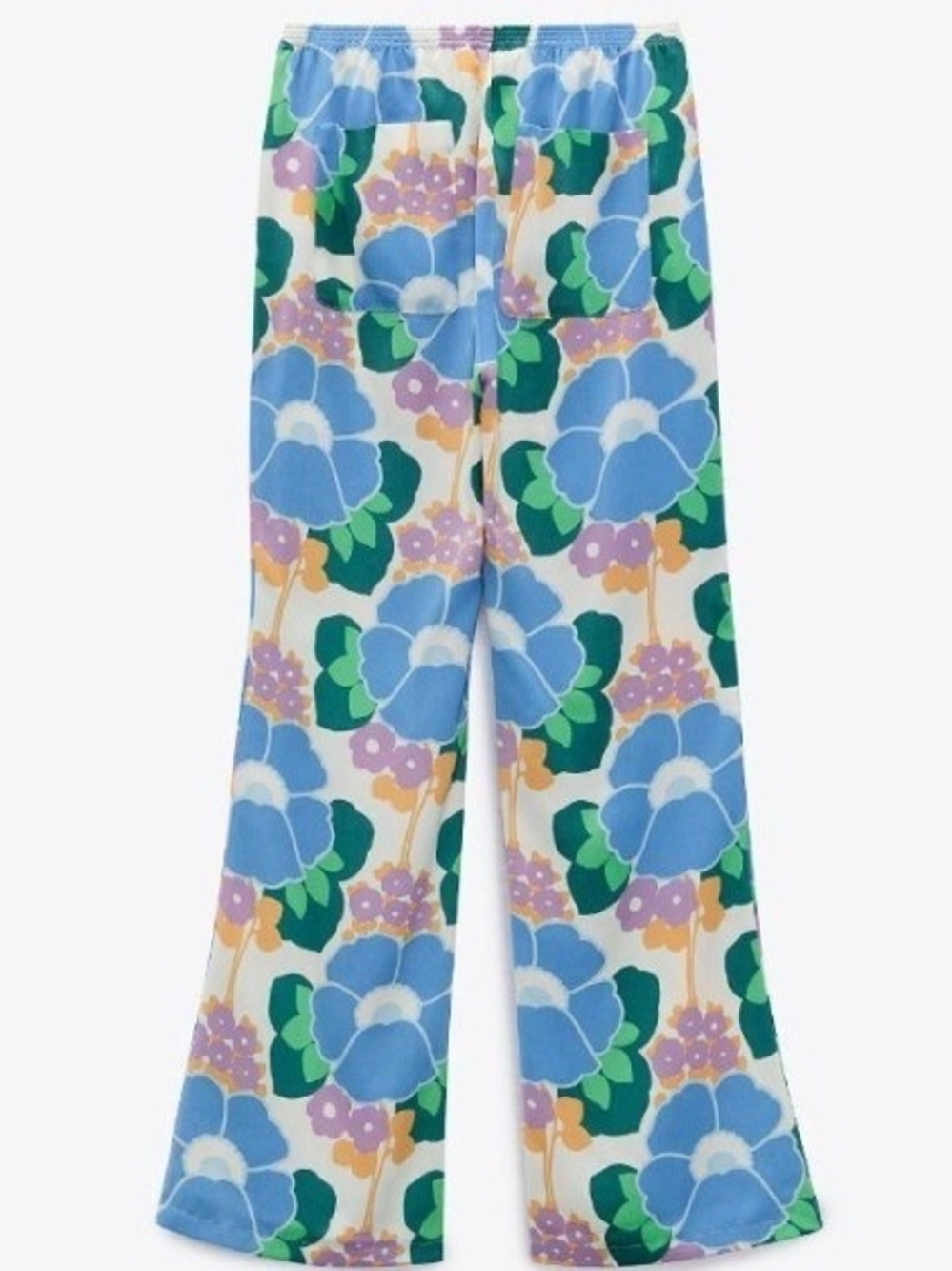 Zara Blue Floral Flared Pajama Bottoms with Green Accents